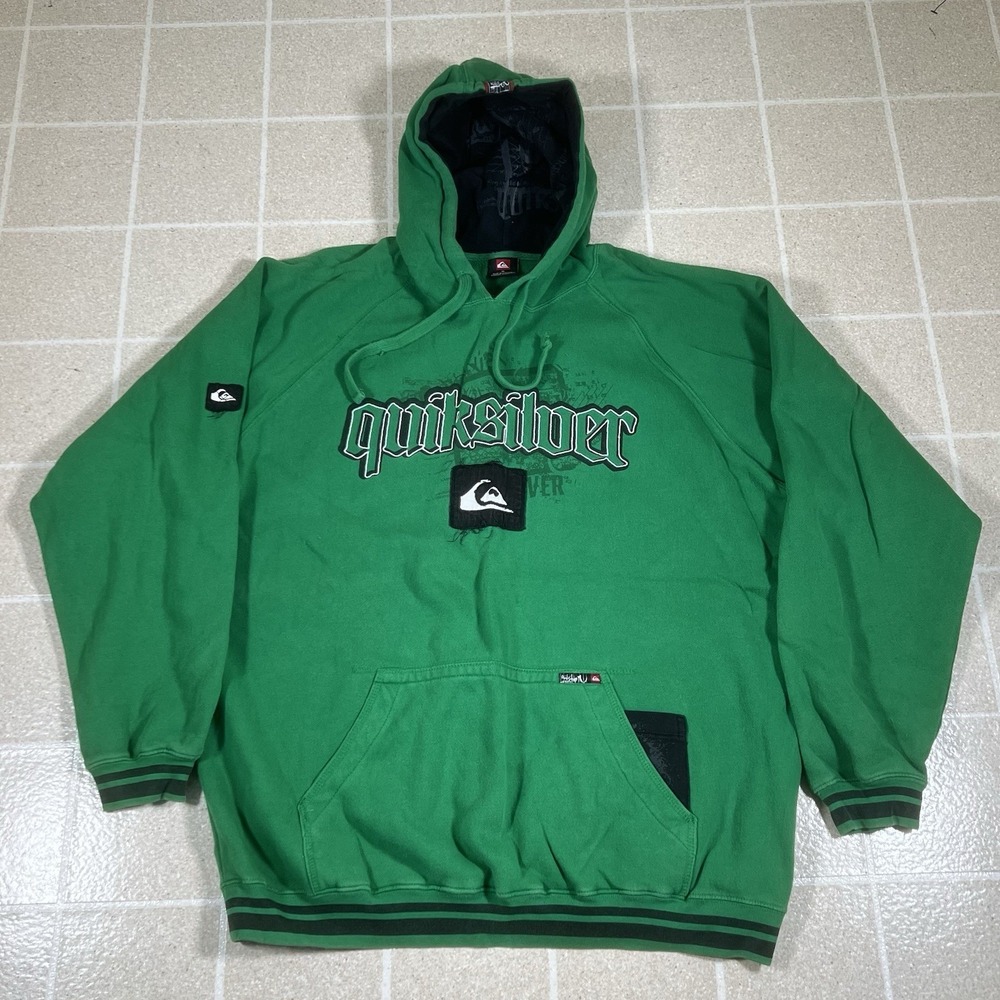 Vintage Y2k Quiksilver Green Hoodie Skate Surf Distressed Patches Grunge Sz XL